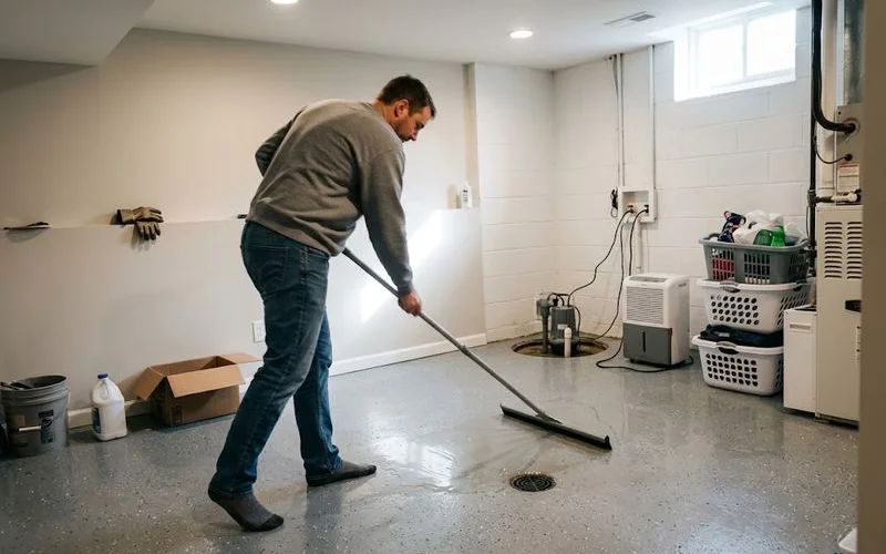 Basement floor after a water event being cleaned with a wet-dry vacuum, epoxy coating visible and intact around the cleanup area