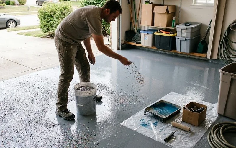 Installer applying a coloured flake broadcast coat to a garage floor mid-project, with tools and a roller visible on fresh epoxy