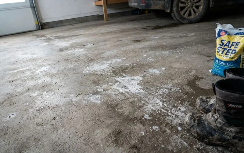 Salt residue and surface pitting visible on an untreated concrete garage floor near a vehicle tire track